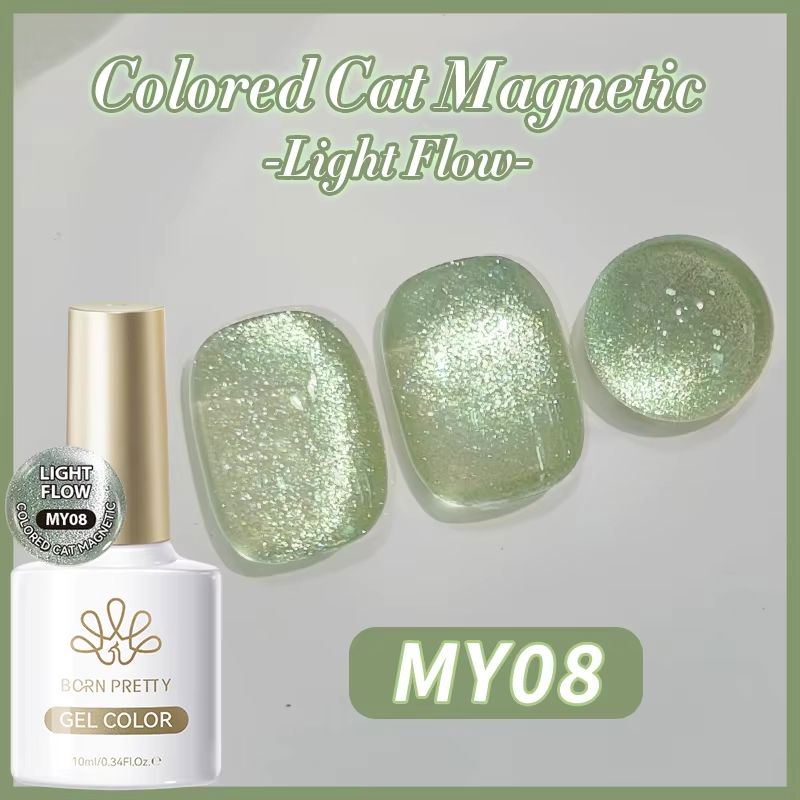 Born Pretty Light Flow colored cat eye magnetic gel polish MY08, shimmering pale green, bottle with nail swatch tips