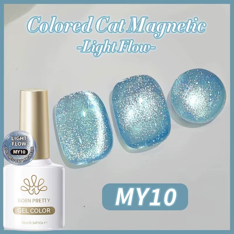 Born Pretty Light Flow Colored Cat Eye Magnetic Gel Polish MY10 – blue shimmer cat eye gel with swatches, 10ml bottle