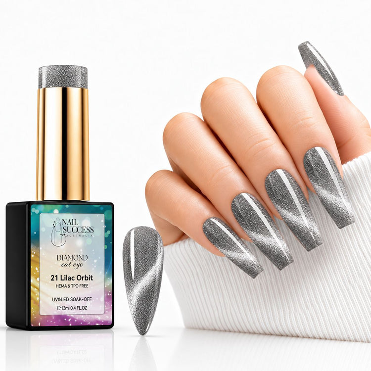 Nail Success Lilac Orbit 21 cat eye gel polish with matching swatch and silver grey coffin nails featuring bright shimmer bands.
