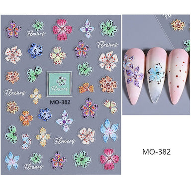 MO-382 Lily and Hibiscus Flower Nail Art Sticker sheet with colourful floral designs and manicure sample
