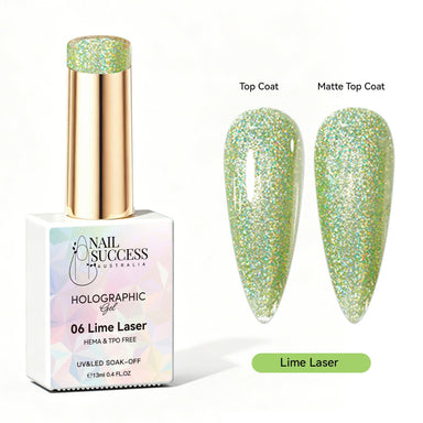 Nail Success Australia Lime Laser holographic gel polish with top coat and matte top coat swatches