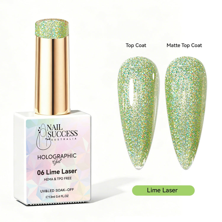 Nail Success Australia Lime Laser holographic gel polish with top coat and matte top coat swatches