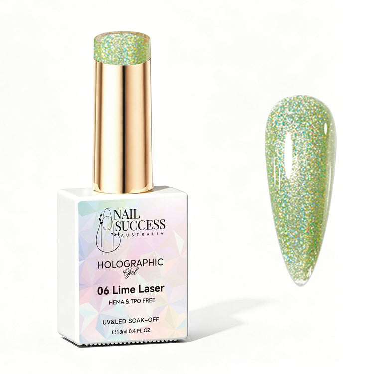 Nail Success Australia Lime Laser holographic gel polish bottle with glossy lime green holographic nail colour swatch