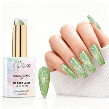 Lime Laser holographic gel polish with lime green glitter swatch and matching manicure for HEMA and TPO free salon nails
