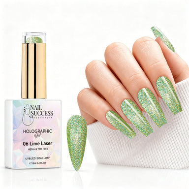 Lime Laser holographic gel polish with lime green glitter swatch and matching manicure for HEMA and TPO free salon nails