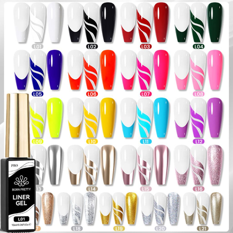 LED nail art striping gel swatches, including metallic, neon & glitter shades