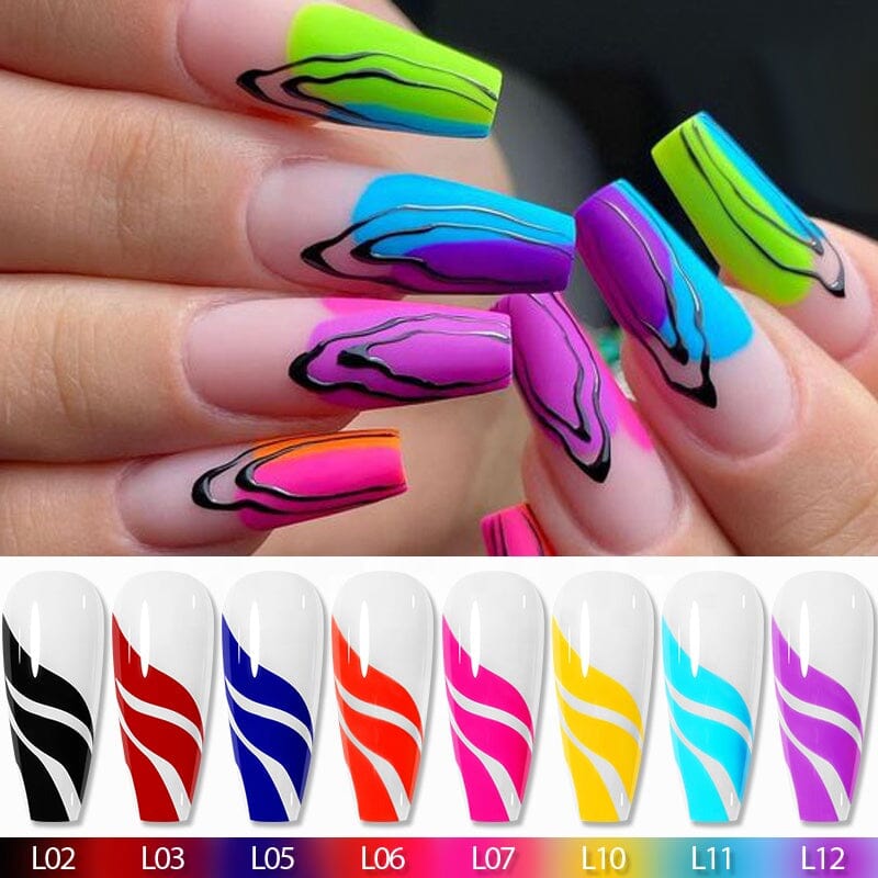 Born Pretty Liner Gel nail art—neon French tips with black contour lines; colour swatches L02 black, L03 red, L05 blue, L06 orange-red, L07 pink, L10 yellow, L11 aqua, L12 purple