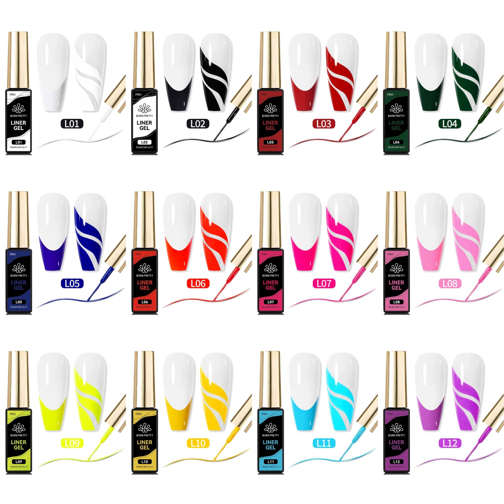 LED nail art striping gels with ultra-fine brush; swatch tips show lines & French designs