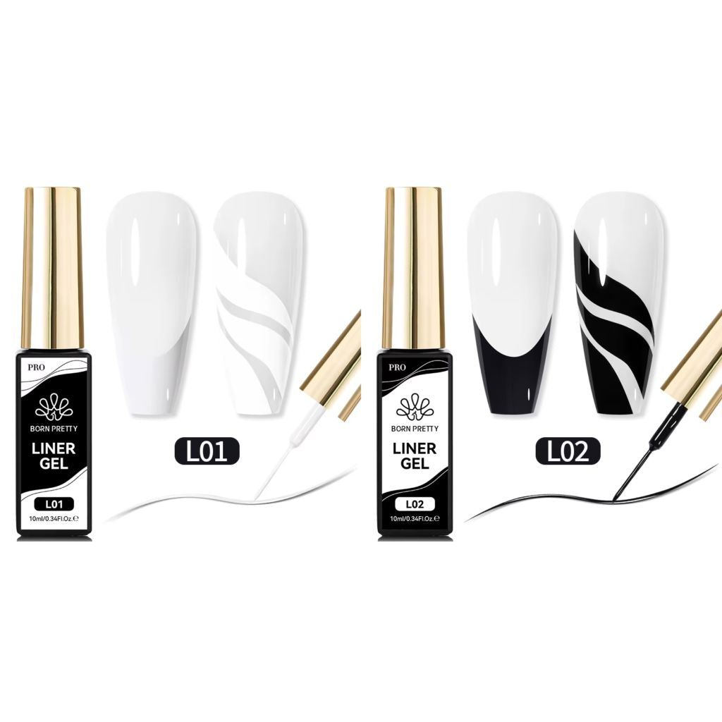 LED nail art striping gels with fine brush; French tips & lines shown