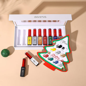 Nail Success Australia Christmas Gel Liner set—9 UV/LED striping gels with tree swatch card; festive nail art kit
