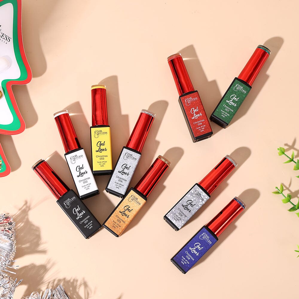 LED soak-off striping gels for nail art, flat-lay bottles