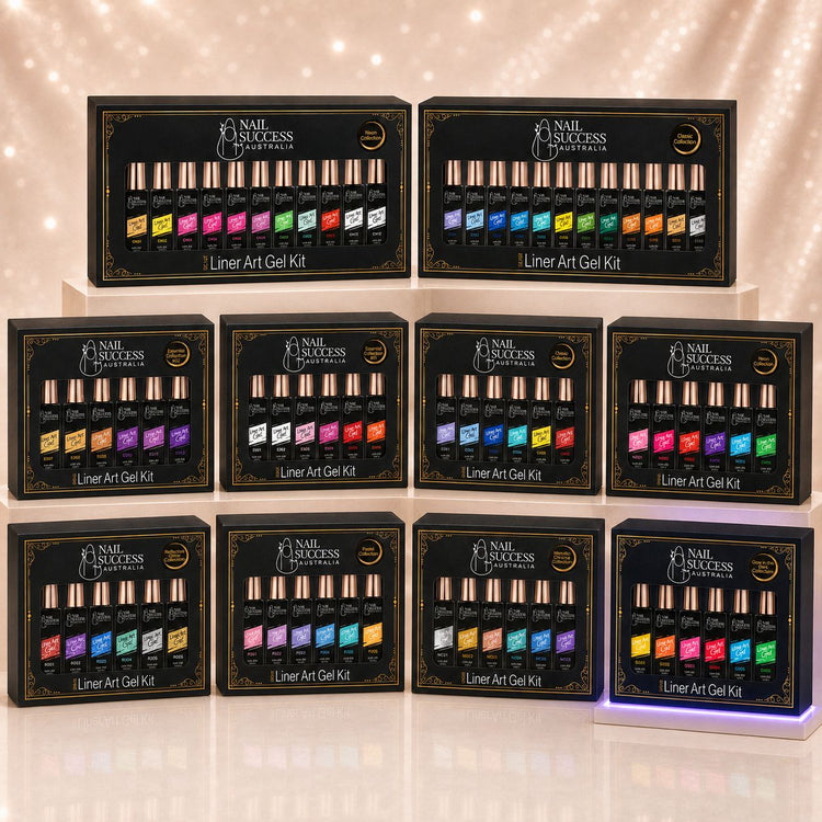 Nail Success Australia Liner Art Gel Kit boxes, the full range of colour collection kits