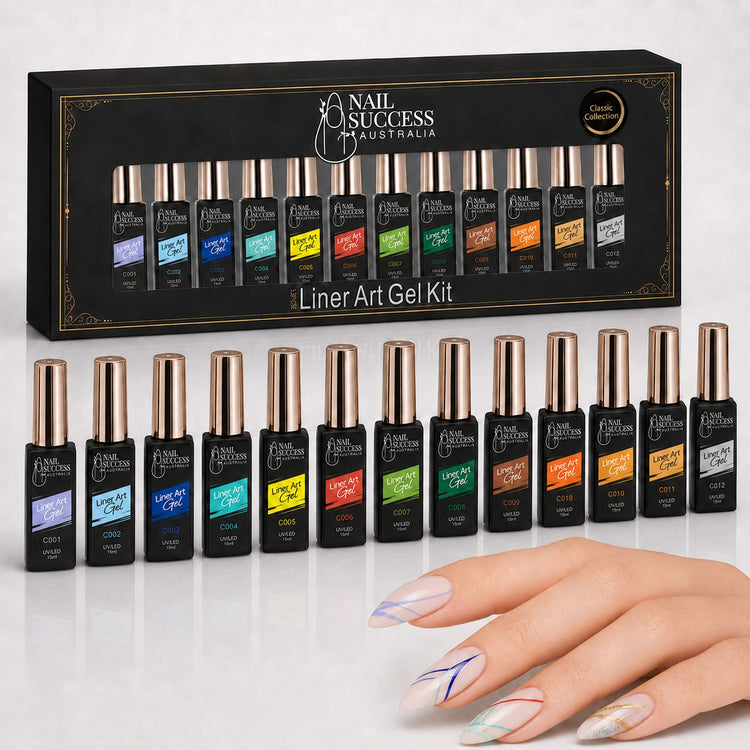 Nail Success Liner Art Gel Kit, twelve bottle collection with fine line nail art