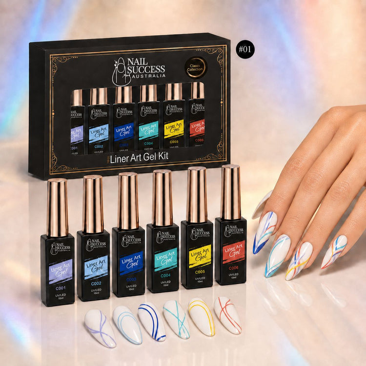 Nail Success Liner Art Gel Kit 01, six bottle classic collection with fine line swatch nails