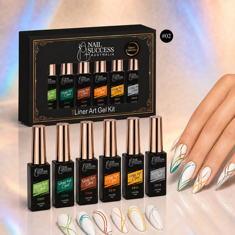 Nail Success Liner Art Gel Kit 02, six liner gels with green and orange swirl nail art