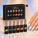 Nail Success Liner Art Gel Kit 02, six liner gels with green and orange swirl nail art