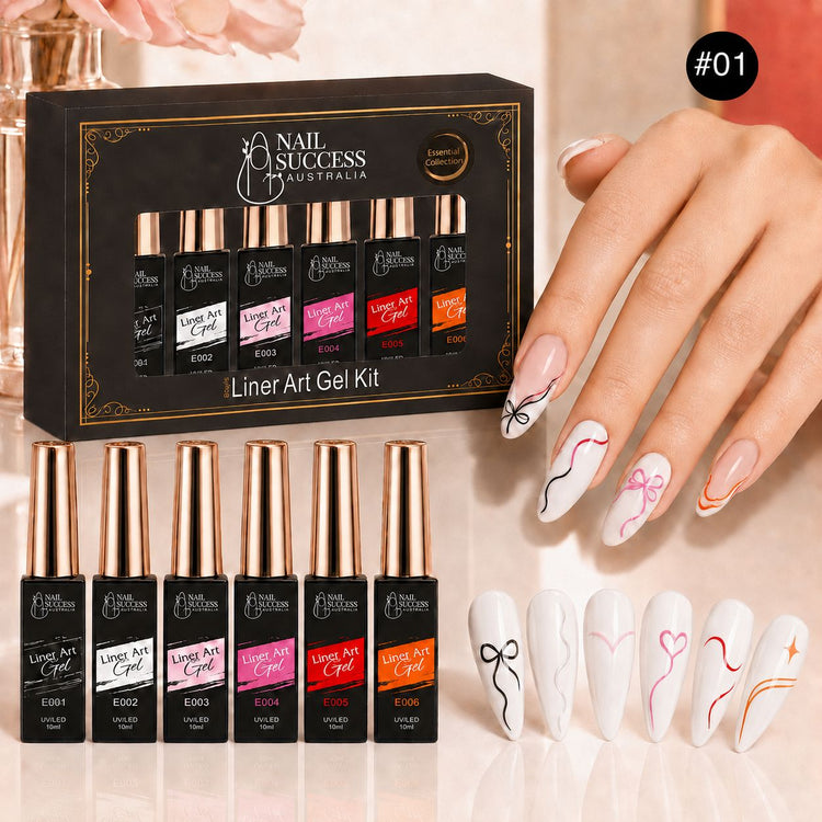 Nail Success Liner Art Gel Kit 01, six liner gels with coral and pink swirl nail art