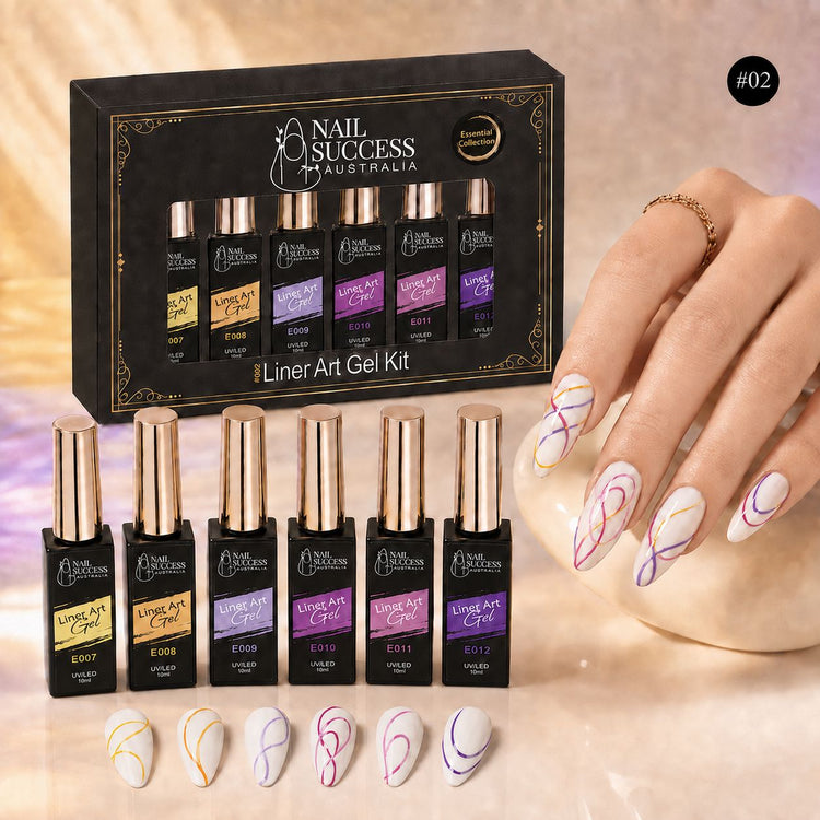 Nail Success Liner Art Gel Kit 02, six liner gels with purple and pink swirl nail art
