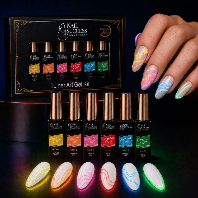 Nail Success Liner Art Gel Kit, six glow in the dark liner gels glowing on a dark background