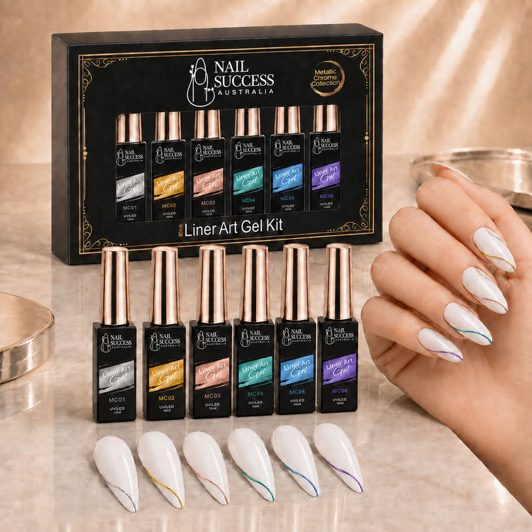 Nail Success Liner Art Gel Kit, six metallic chrome liner gels with gold and silver line art