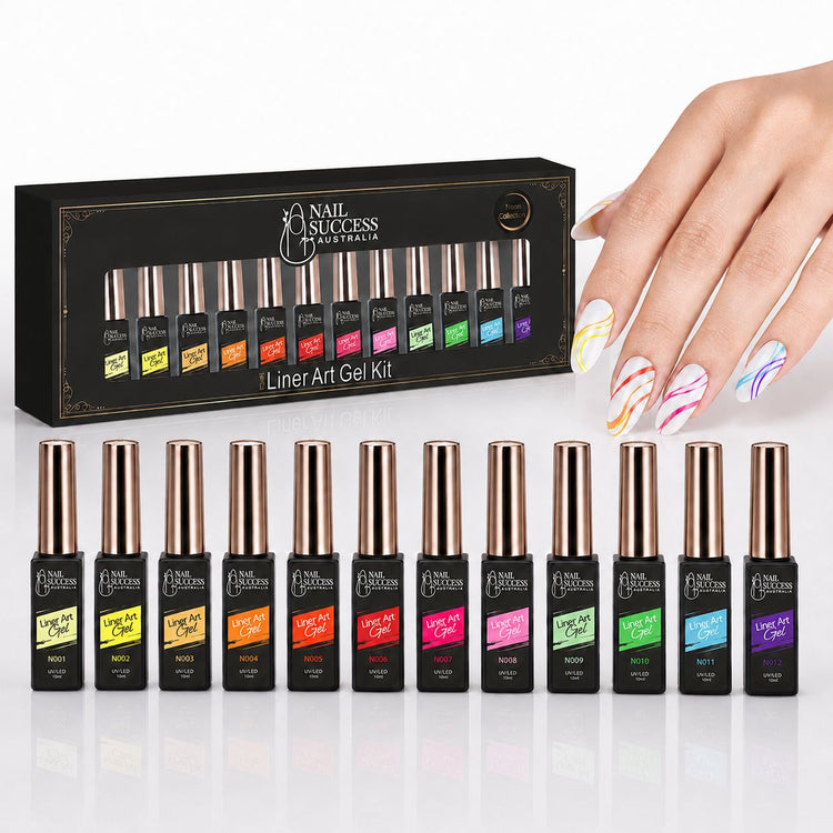 Nail Success Liner Art Gel Kit, twelve liner gels with hand wearing multicolour line art