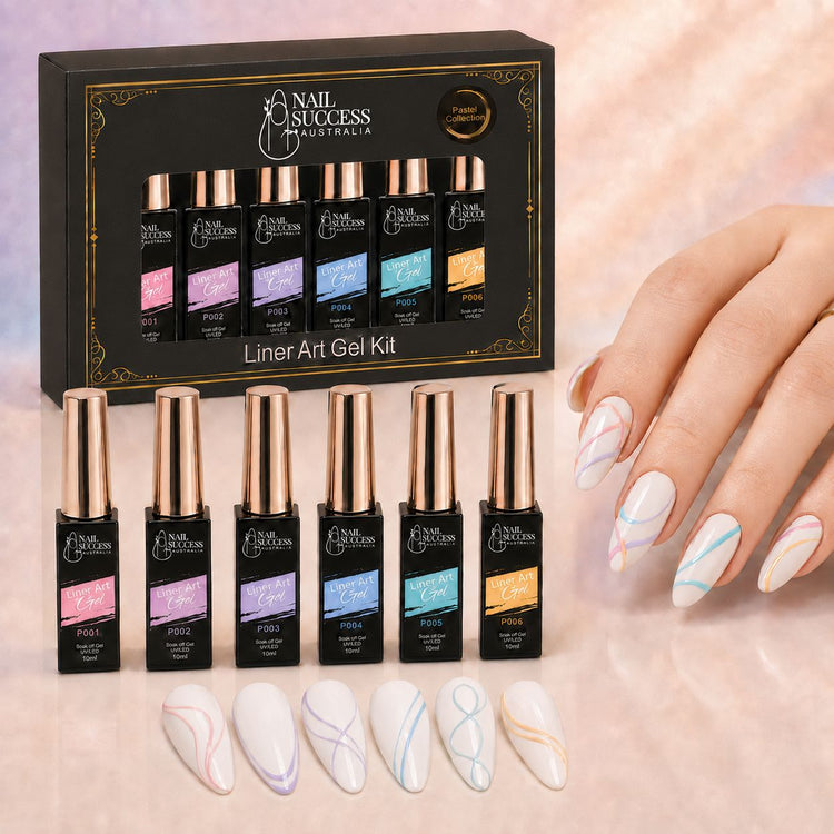 Nail Success Liner Art Gel Kit, six pastel liner gels with soft swirl nail art