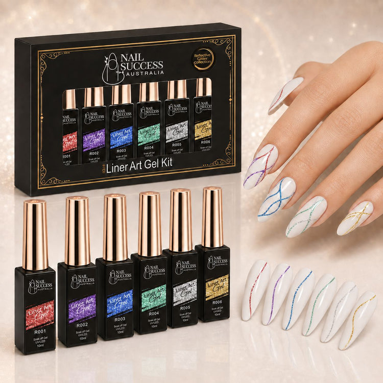 Nail Success Liner Art Gel Kit, six reflective liner gels with fine line nail art