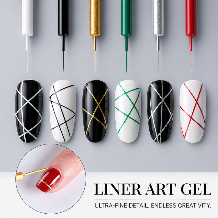 Liner Art Gel line art on six nails with white, black, gold, green, silver and red liner brushes