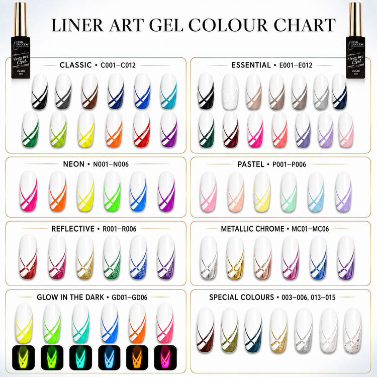 Liner Art Gel colour chart, Classic, Essential, Neon, Pastel, Reflective, Metallic Chrome and Glow in the Dark