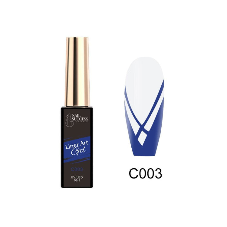LED; bottle and white nail swatch with deep blue V-line striping
