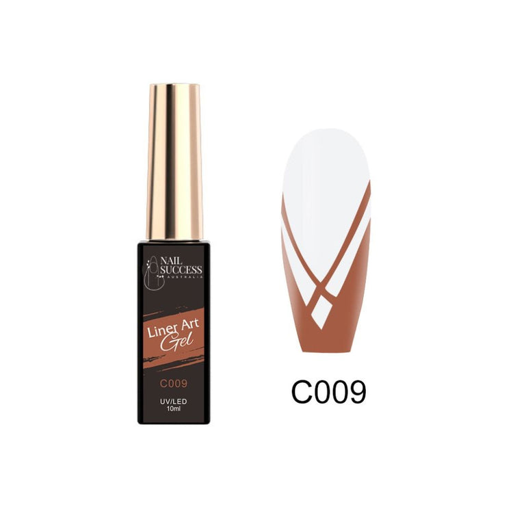 LED—bottle and nail swatch with warm brown V-line design on white