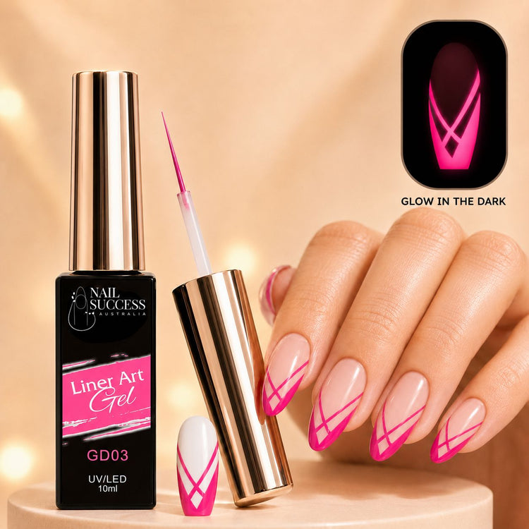 Nail Success Liner Art Gel GD03 Glow in the Dark Pink, 10ml UV LED liner gel with hot pink glow