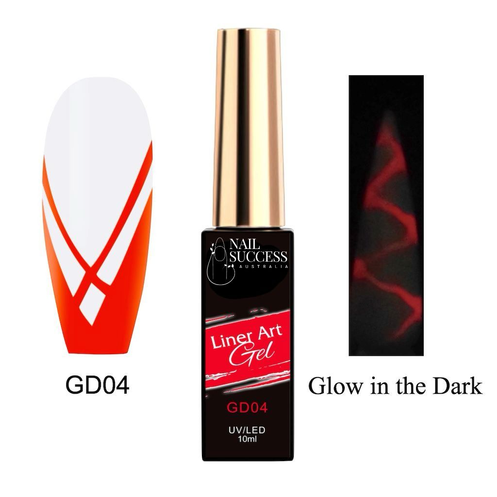 Nail Success Australia Liner Art Gel GD04 — 10ml glow-in-the-dark orange liner gel with swatch