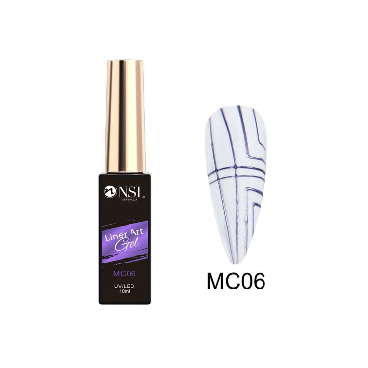 LED nail art gel polish bottle with white nail swatch featuring metallic purple line design