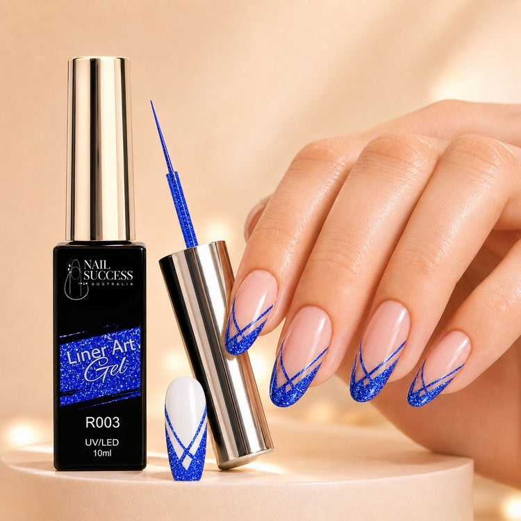 Nail Success Liner Art Gel R003 Reflective Blue, 10ml UV LED glitter gel with blue French tip art