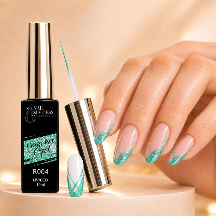 Nail Success Liner Art Gel R004 Reflective Teal, 10ml UV LED glitter gel with teal line art