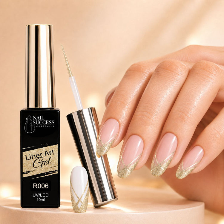 Nail Success Liner Art Gel R006 Reflective Gold, 10ml UV LED glitter gel with champagne tip art