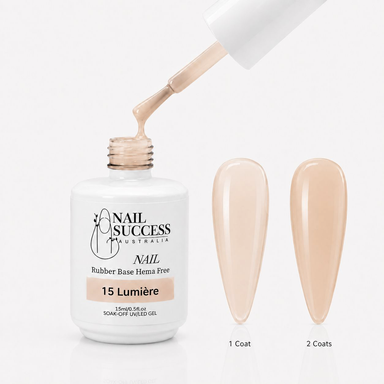 Lumiere Rubber Base Gel - open bottle with brush and swatches