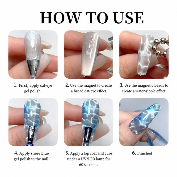 Six-step guide to using 5 mm magnetic beads for blooming water-ripple cat-eye gel polish nail art – NSI Australia
