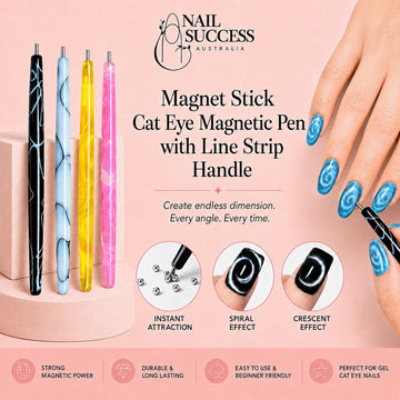 Four colourful cat-eye magnetic nail pens creating spiral and crescent gel polish effects – Nail Success Australia