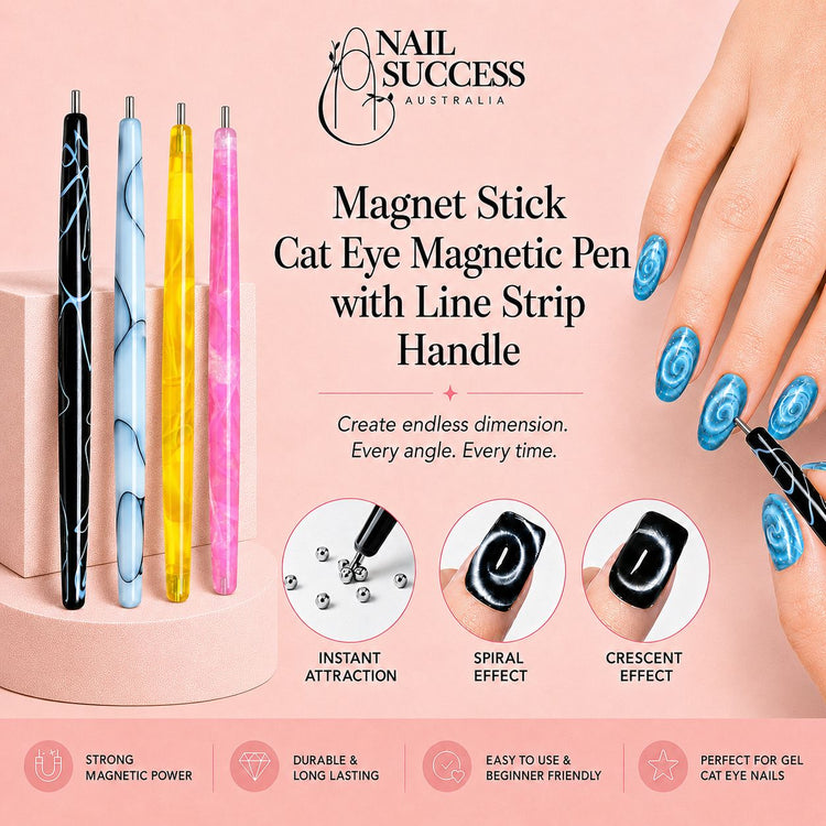 Four colourful cat-eye magnetic nail pens creating spiral and crescent gel polish effects – Nail Success Australia