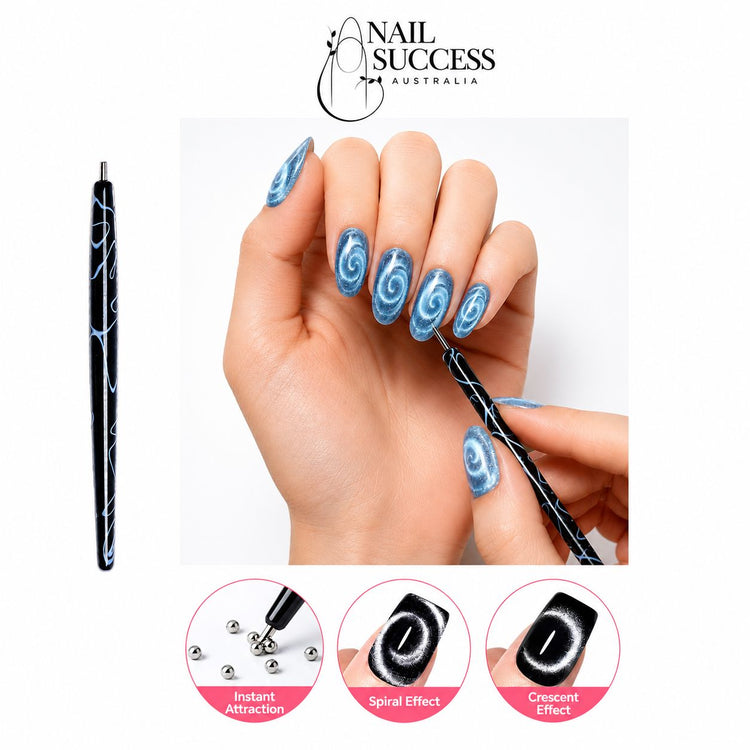 Black marbled cat-eye magnet pen creating spiral and crescent effects on blue magnetic gel polish nails – Nail Success Australia