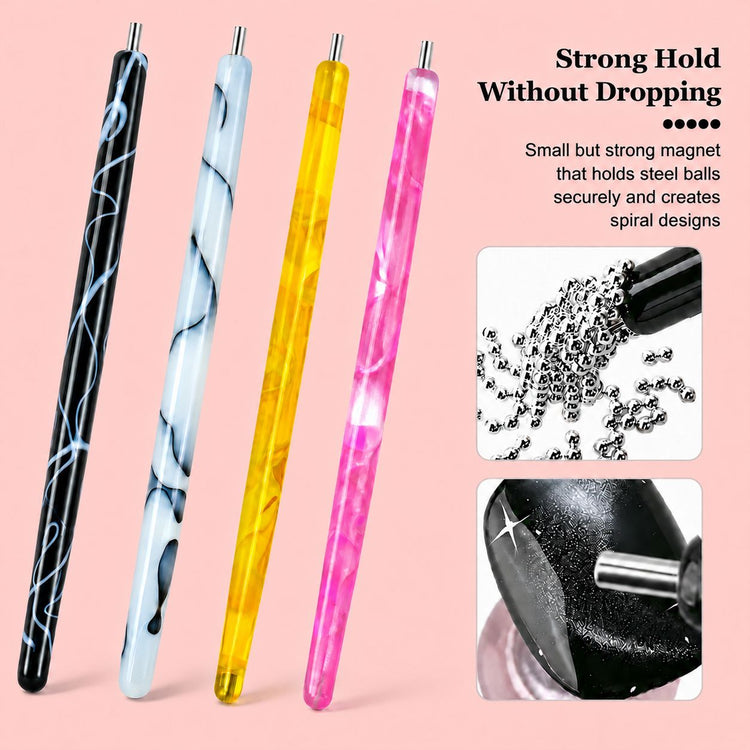 Four colourful cat-eye magnetic pens securely holding steel beads and creating spiral gel polish nail art – NSI Australia