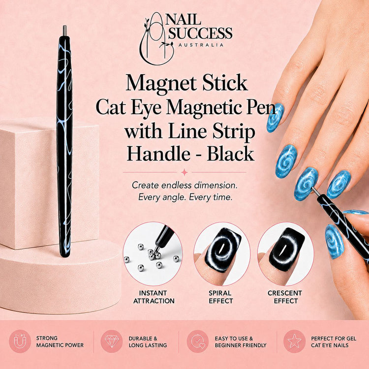 Black marbled cat-eye magnet pen creating spiral and crescent effects on blue magnetic gel polish nails – Nail Success Australia