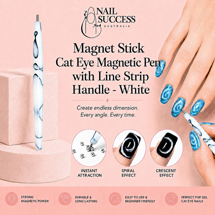 White marbled cat-eye magnetic pen creating spiral and crescent effects on blue gel polish nails – Nail Success Australia