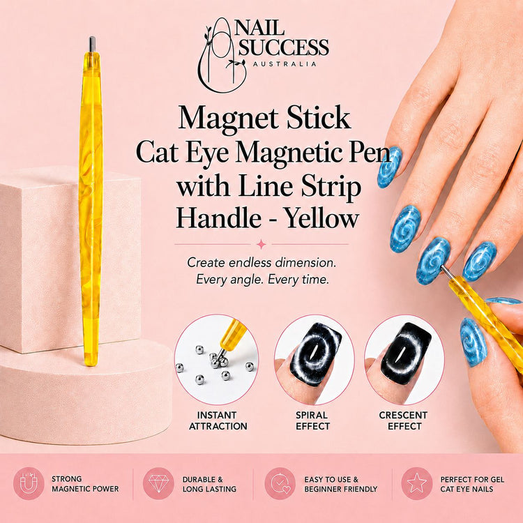 Yellow marbled cat-eye magnetic pen creating spiral and crescent effects on blue magnetic gel polish nails – Nail Success Australia