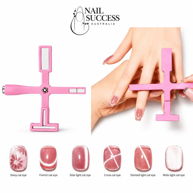 Nail Success Australia pink 5-in-1 cross magnet tool for creating six cat-eye magnetic gel polish effects