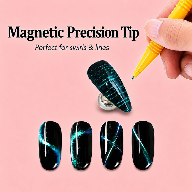 Orange precision cat-eye magnet pen creating fine swirls and lines in blue magnetic gel polish