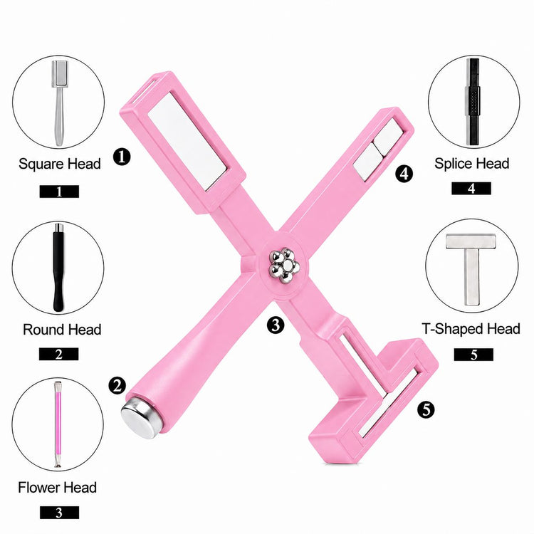 Pink 5-in-1 cat-eye magnet tool with square, round, flower, splice and T-shaped heads for magnetic gel nail art