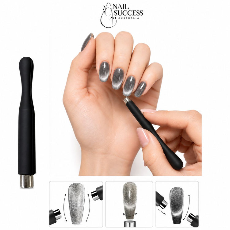 Black dual-ended cat-eye magnet tool creating silver magnetic gel polish nail art – Nail Success Australia
